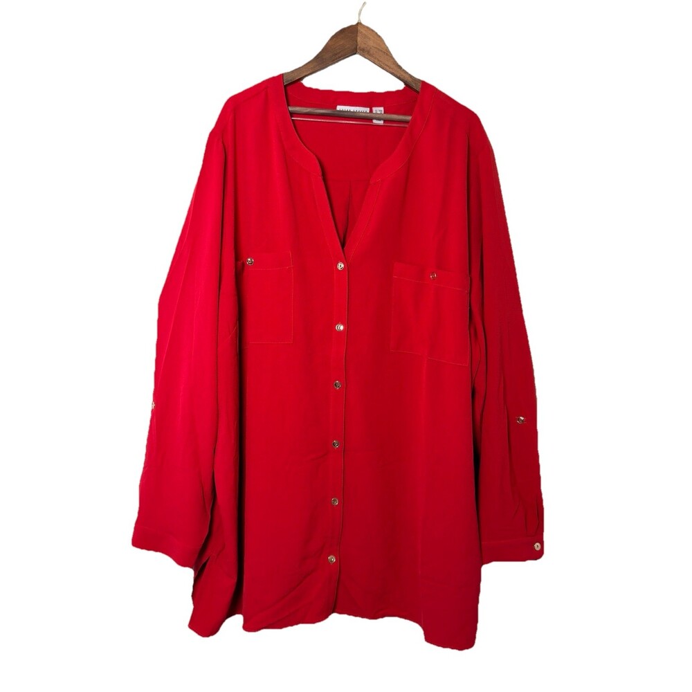 Susan‎ Graver Red Button Down Blouse-Long Sleeve Plus Size 28W